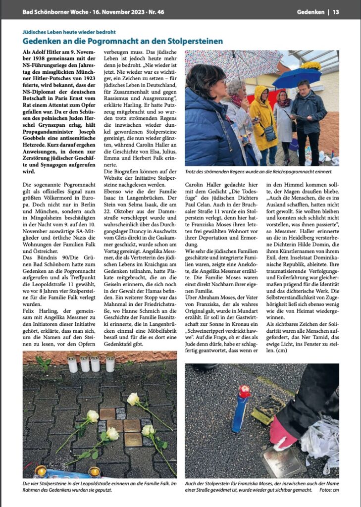 Artikel "Gedenken an die Pogromnacht an den Stolpersteinen" der Bad Schönborner Woche vom 16. November 2023